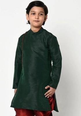 Bottle Green Solid Banarasi Silk Angrakha For Boys
