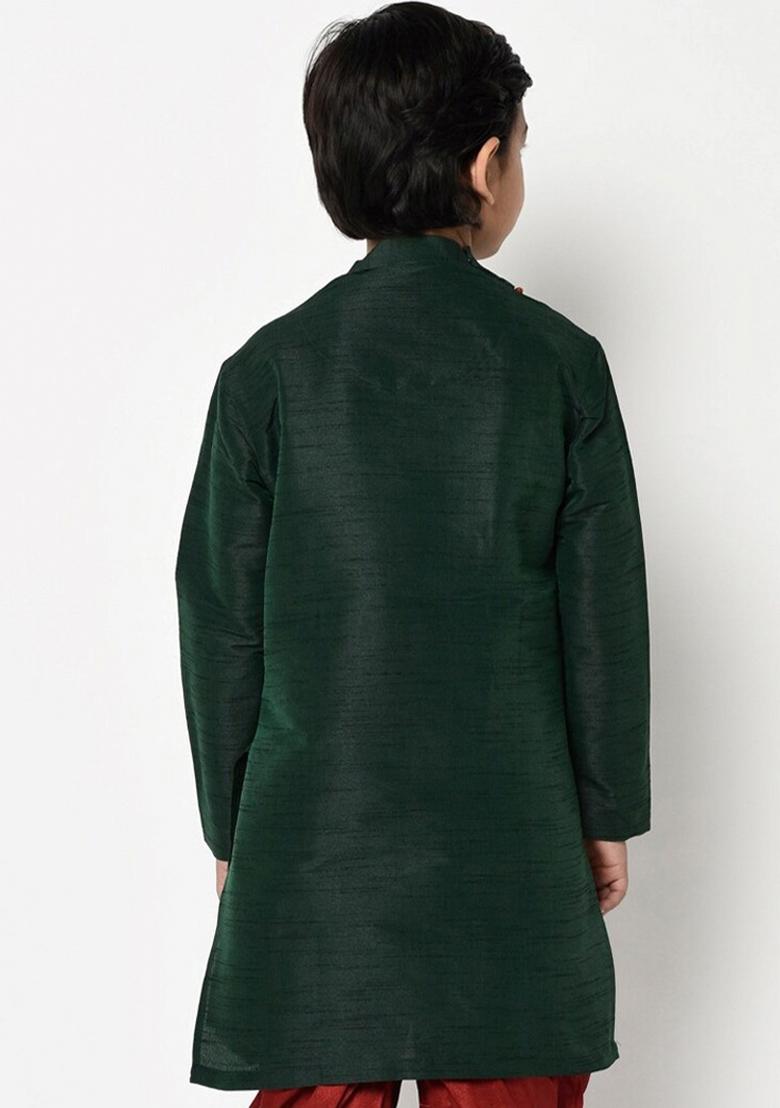 Bottle Green Solid Banarasi Silk Angrakha For Boys