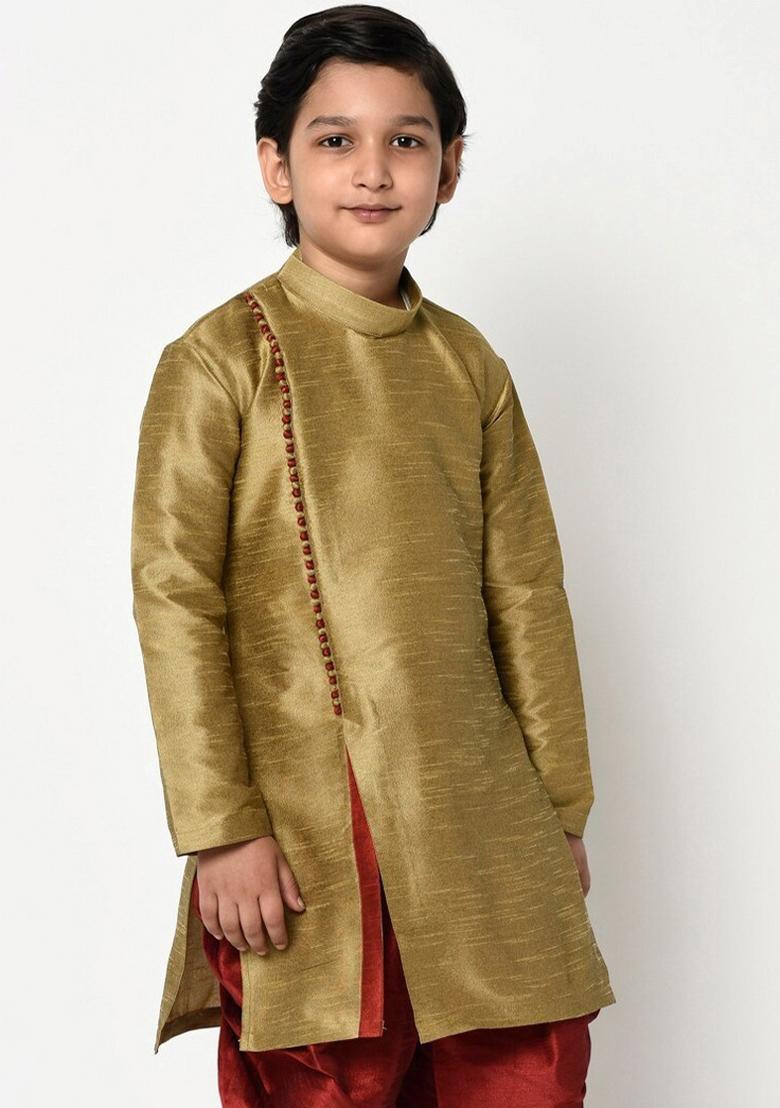 Golden Embroidered Banarasi Silk Angrakha For Boys