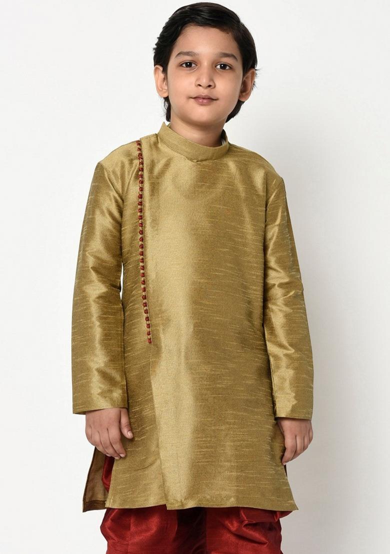 Golden Embroidered Banarasi Silk Angrakha For Boys
