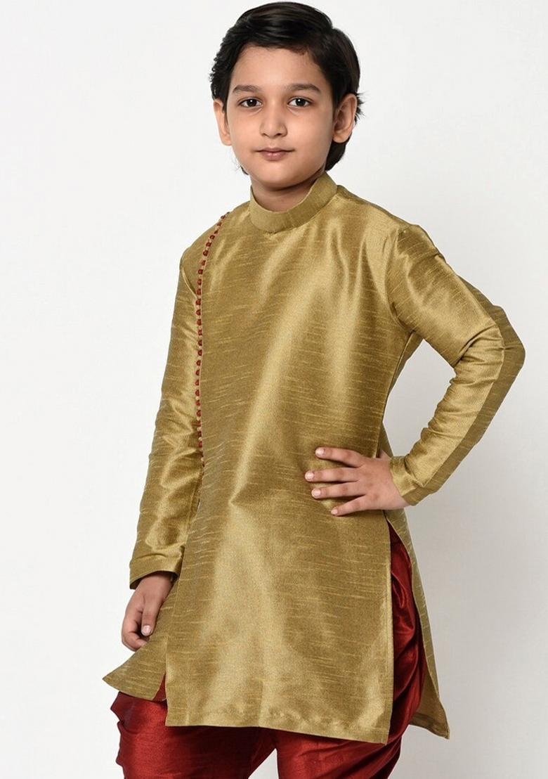 Golden Embroidered Banarasi Silk Angrakha For Boys
