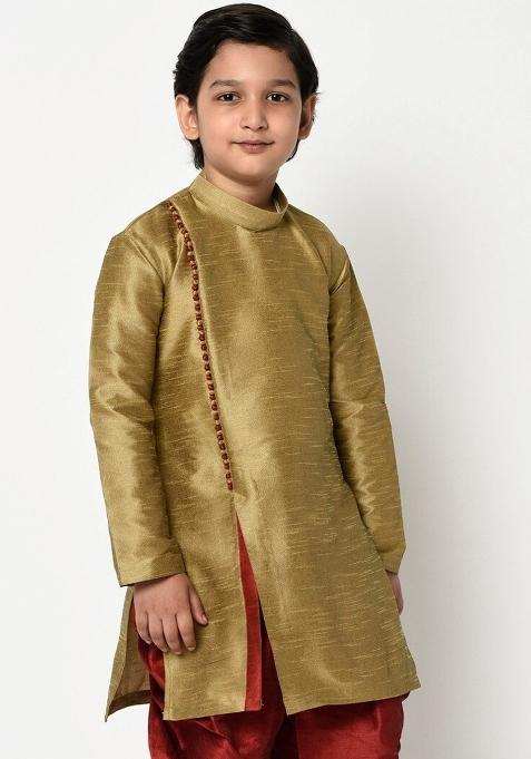 Golden Embroidered Banarasi Silk Angrakha For Boys