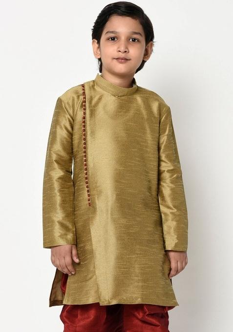 Golden Embroidered Banarasi Silk Angrakha For Boys