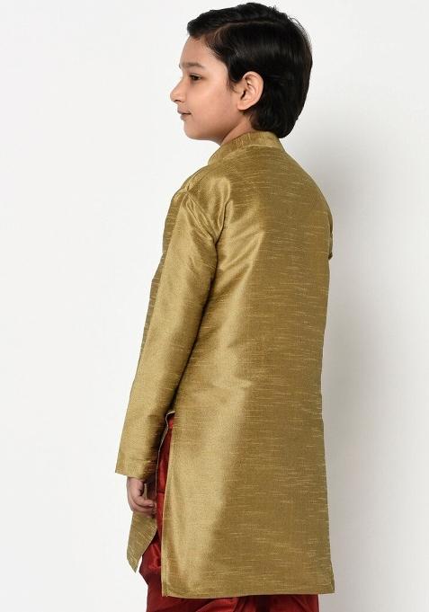 Golden Embroidered Banarasi Silk Angrakha For Boys