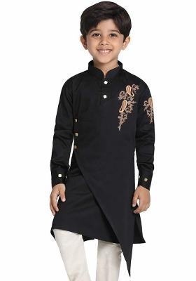 Black Embroidered Banarasi Silk Kurta For Boys