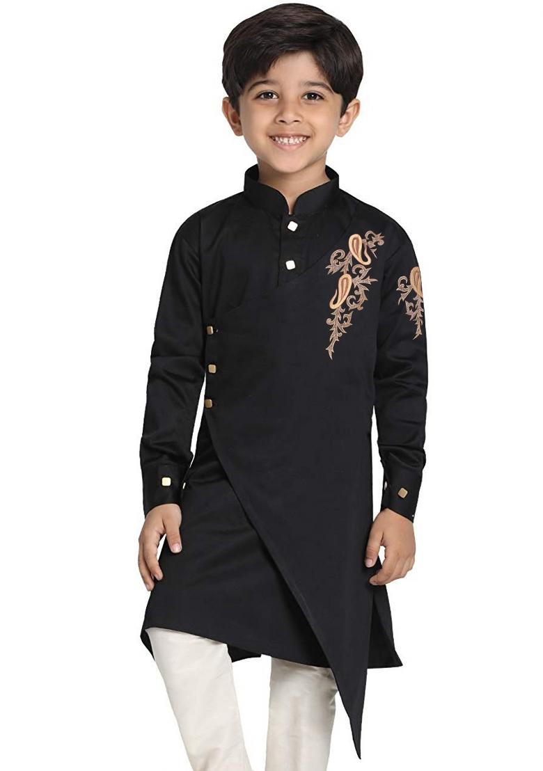 Black Embroidered Banarasi Silk Kurta For Boys