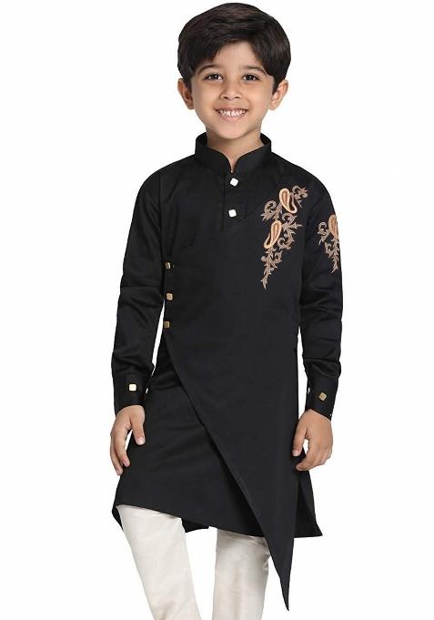Black Embroidered Banarasi Silk Kurta For Boys