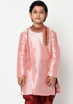 Pink Embroidered Banarasi Silk Angrakha For Boys