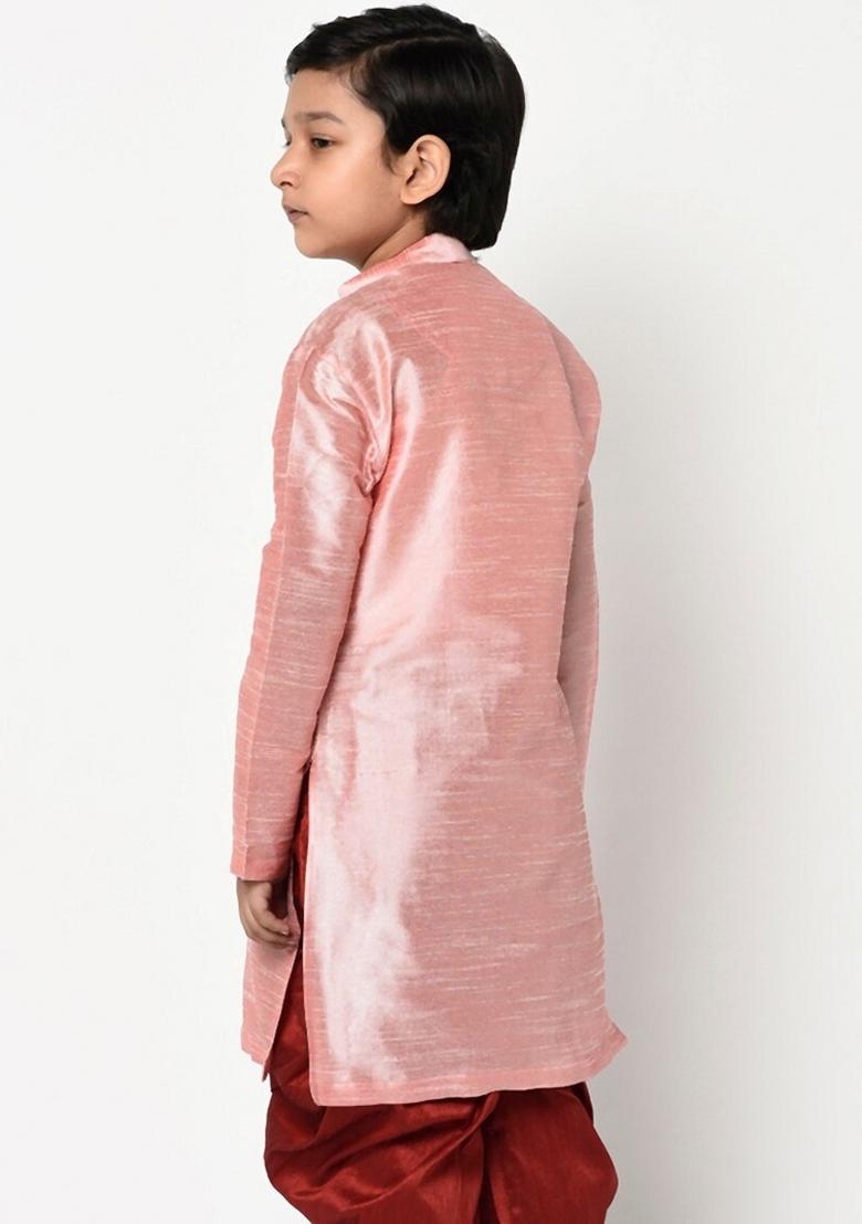 Pink Embroidered Banarasi Silk Angrakha For Boys