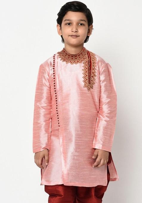 Pink Embroidered Banarasi Silk Angrakha For Boys
