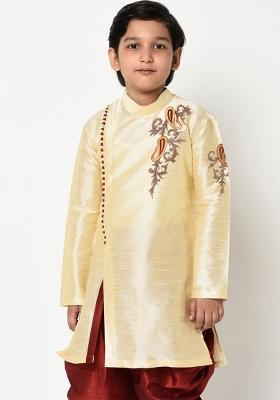 Cream Embroidered Banarasi Silk Angrakha For Boys