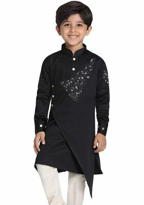 Black Solid Banarasi Silk Kurta For Boys