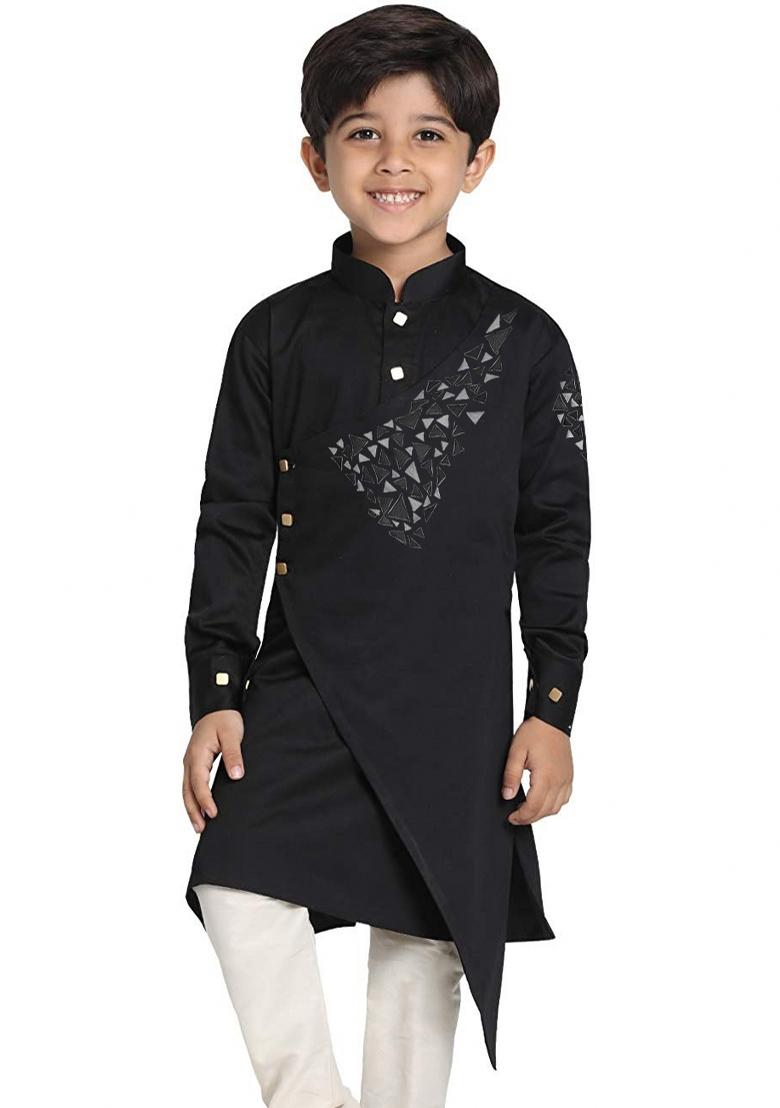 Black Solid Banarasi Silk Kurta For Boys