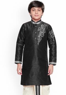 Black Embroidered Banarasi Silk Kurta For Boys