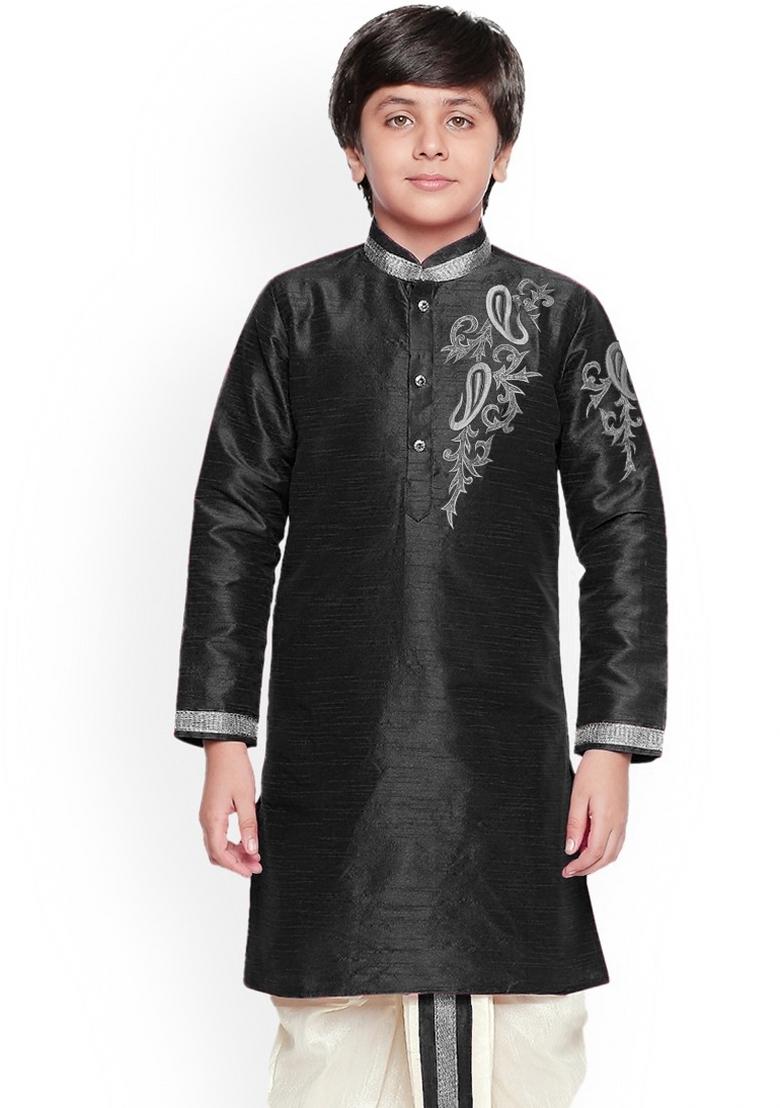 Black Embroidered Banarasi Silk Kurta For Boys