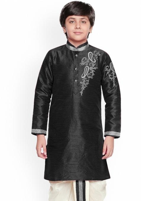Black Embroidered Banarasi Silk Kurta For Boys