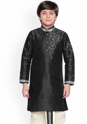 Black Embroidered Banarasi Silk Kurta For Boys