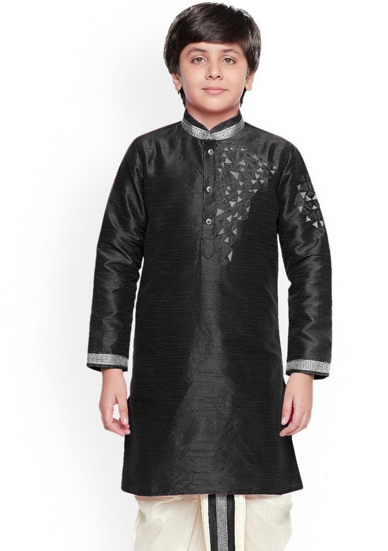 Black Embroidered Banarasi Silk Kurta For Boys