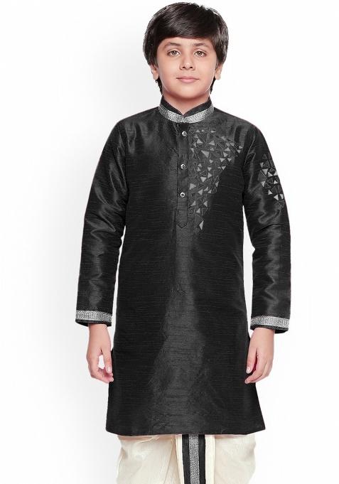 Black Embroidered Banarasi Silk Kurta For Boys