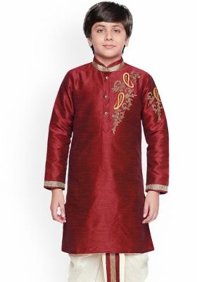 Maroon Embroidered Banarasi Silk Kurta For Boys