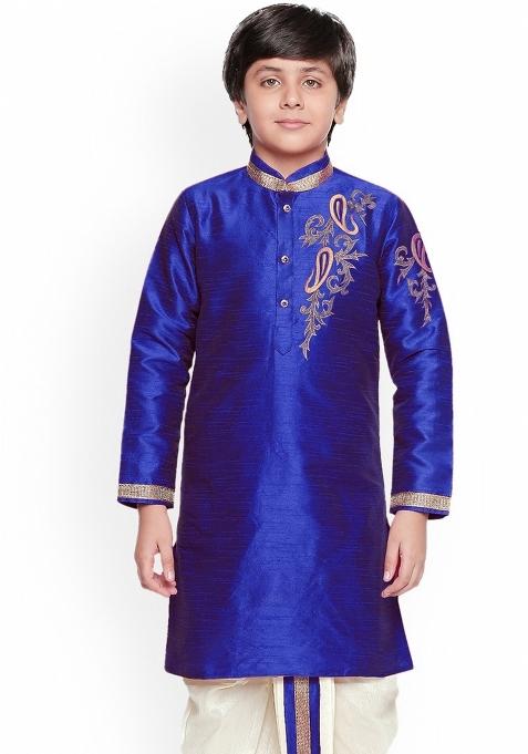 Royal Blue Embroidered Banarasi Silk Kurta For Boys