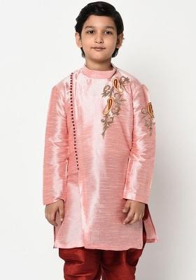 Pink Embroidered Banarasi Silk Angrakha For Boys
