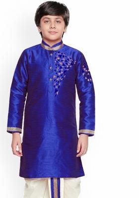Royal Blue Embroidered Banarasi Silk Kurta For Boys