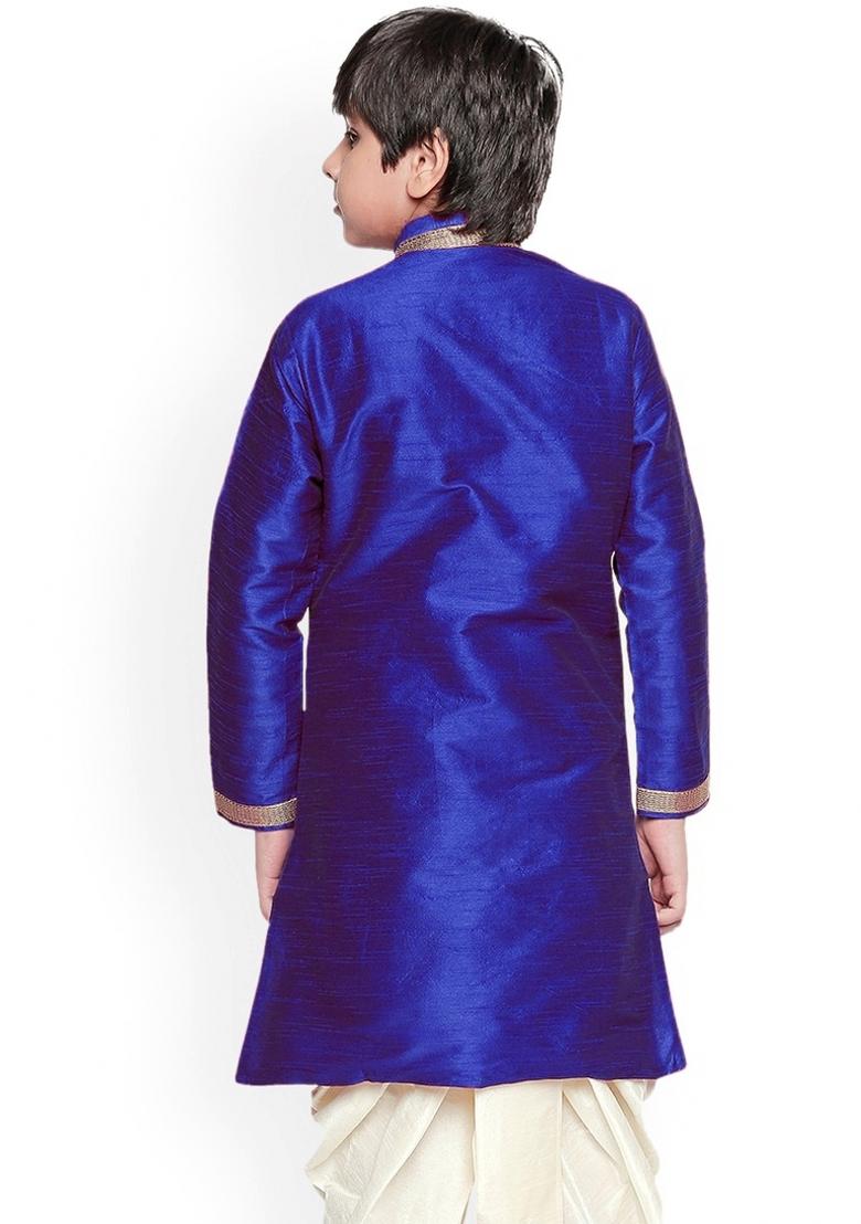 Royal Blue Embroidered Banarasi Silk Kurta For Boys