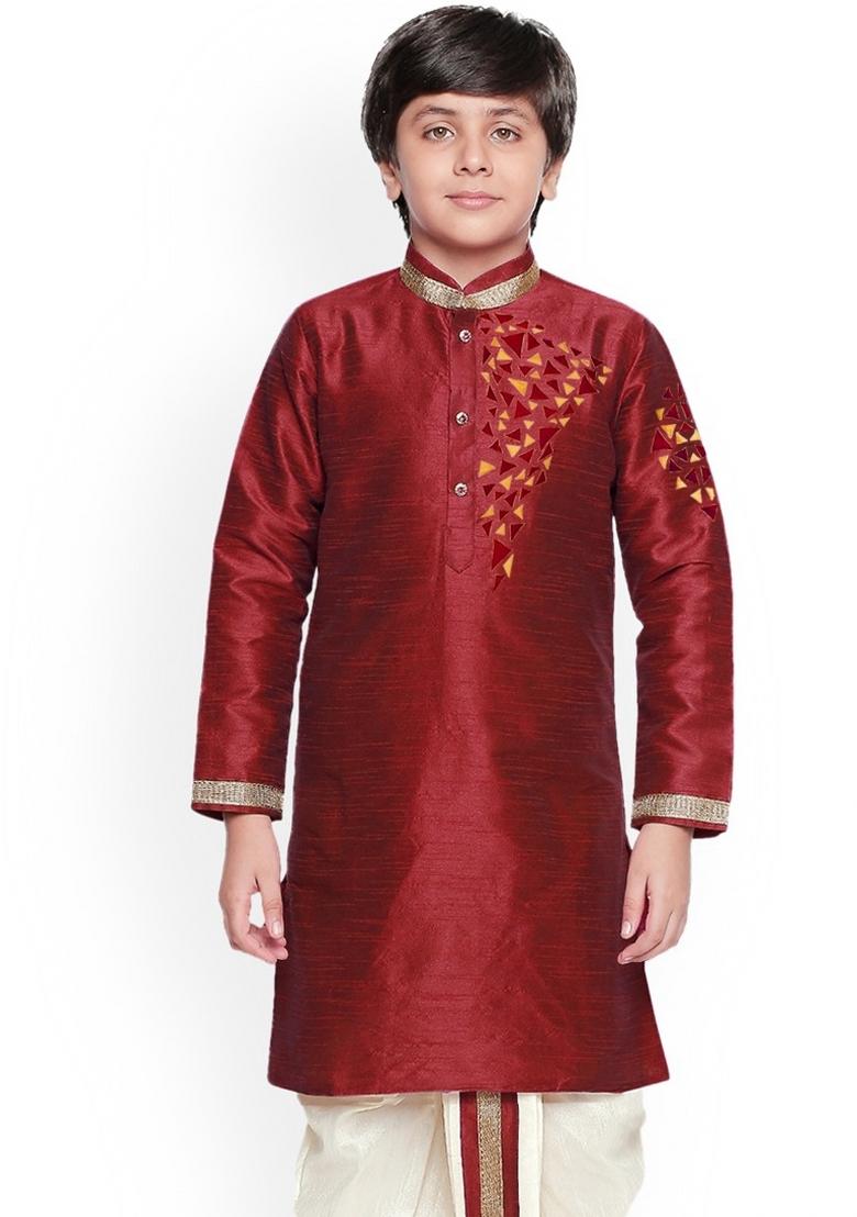 Maroon Embroidered Banarasi Silk Kurta For Boys