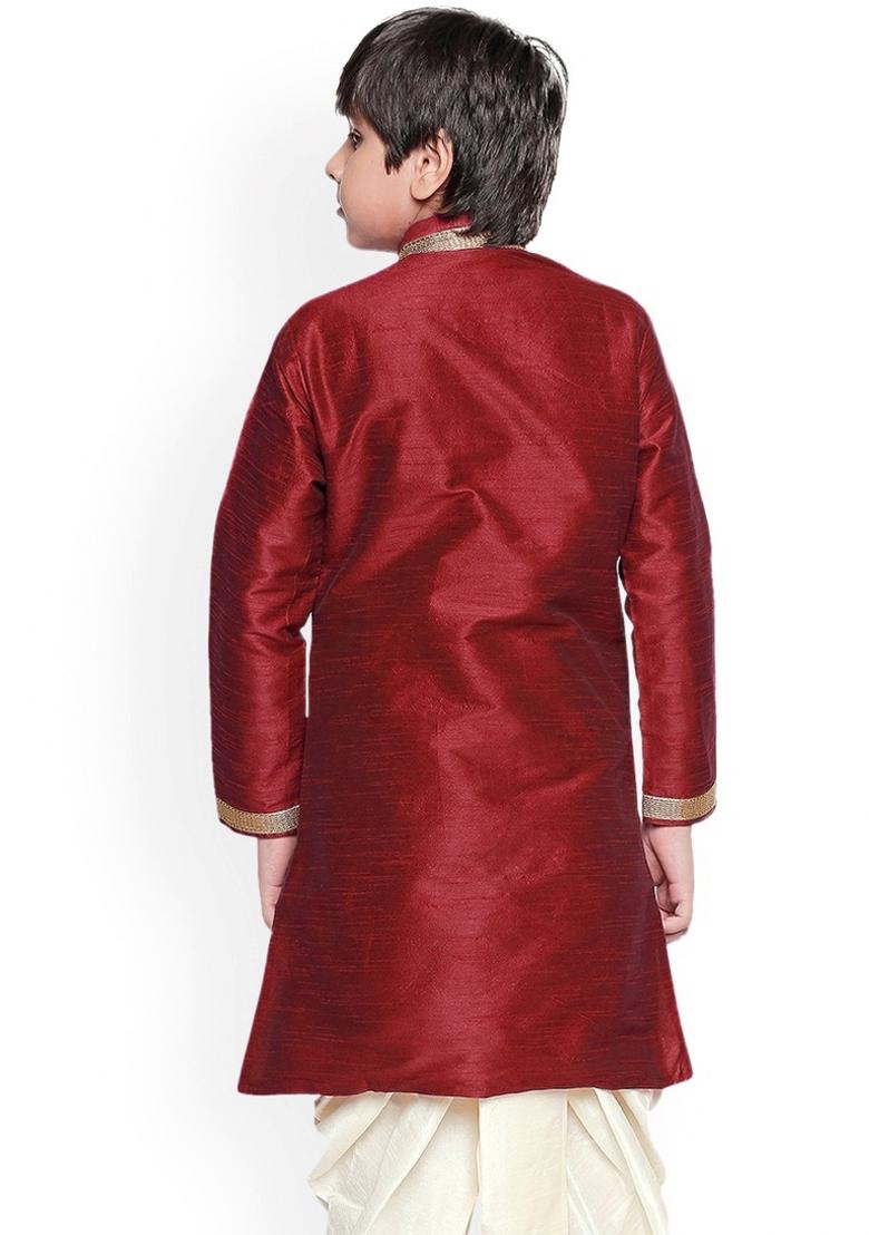 Maroon Embroidered Banarasi Silk Kurta For Boys