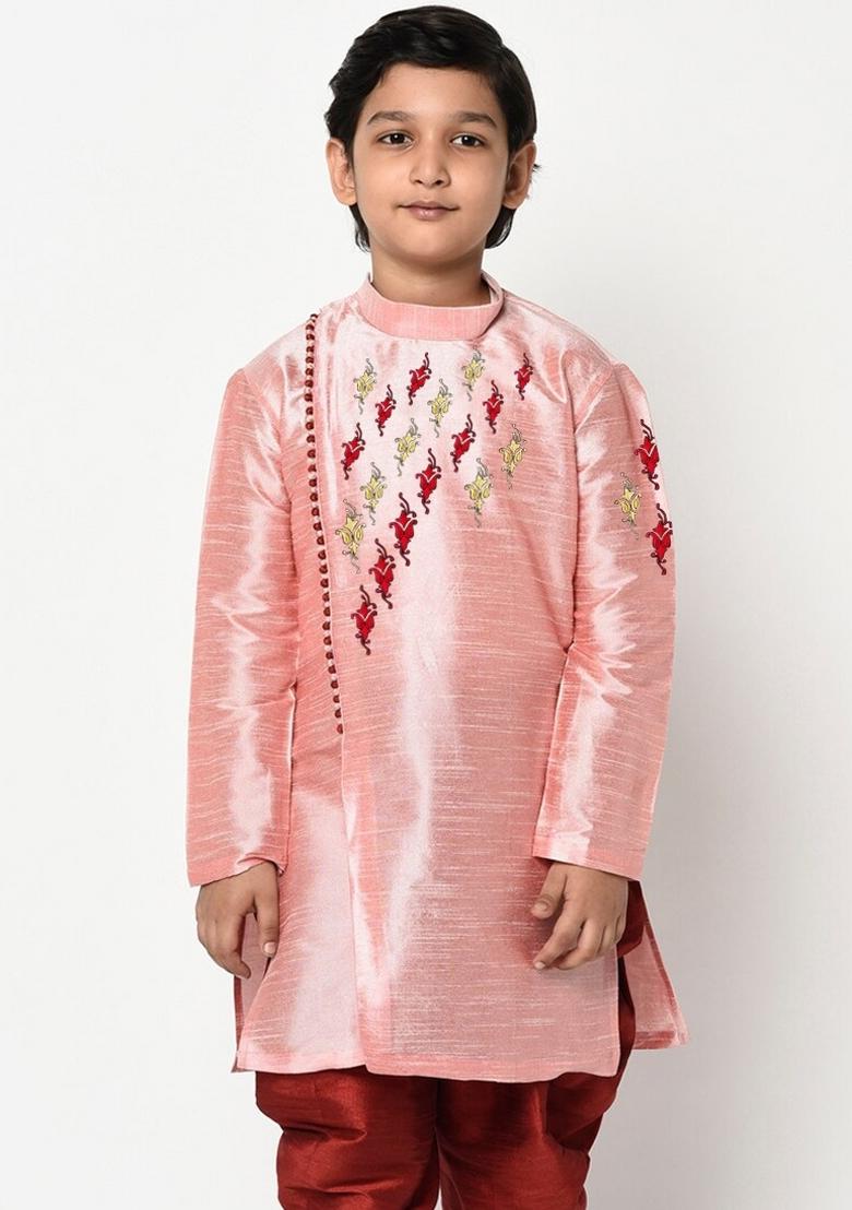 Pink Embroidered Banarasi Silk Angrakha For Boys