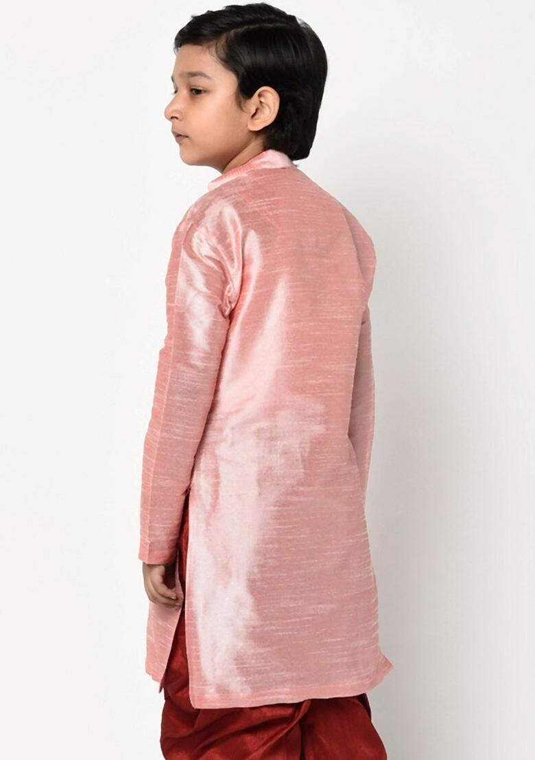 Pink Embroidered Banarasi Silk Angrakha For Boys