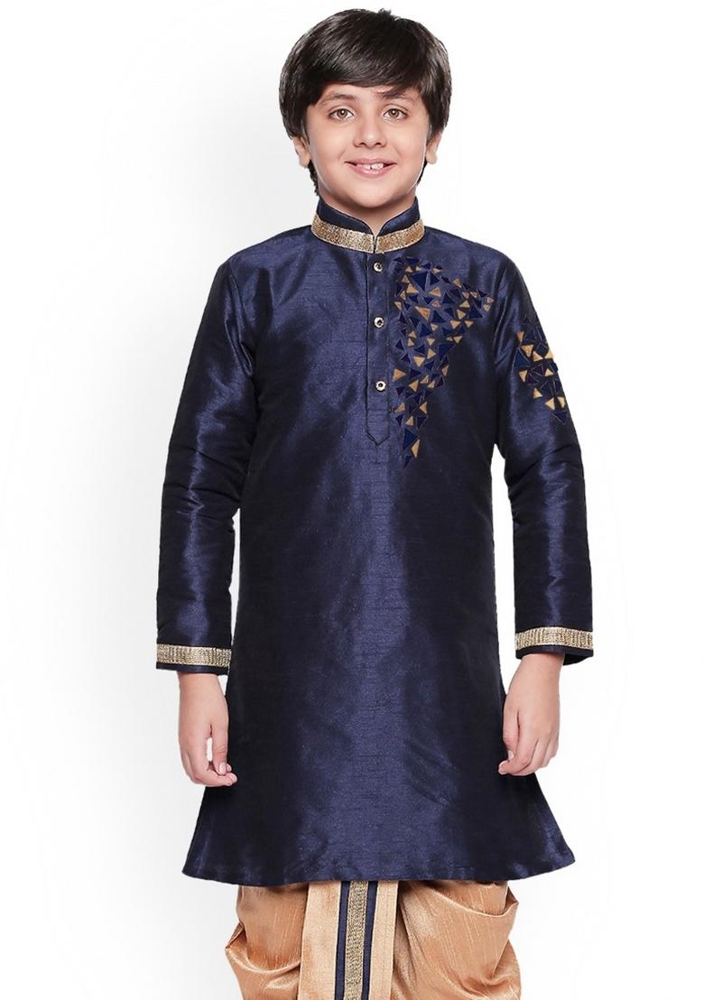 Navy Blue Embroidered Banarasi Silk Kurta For Boys