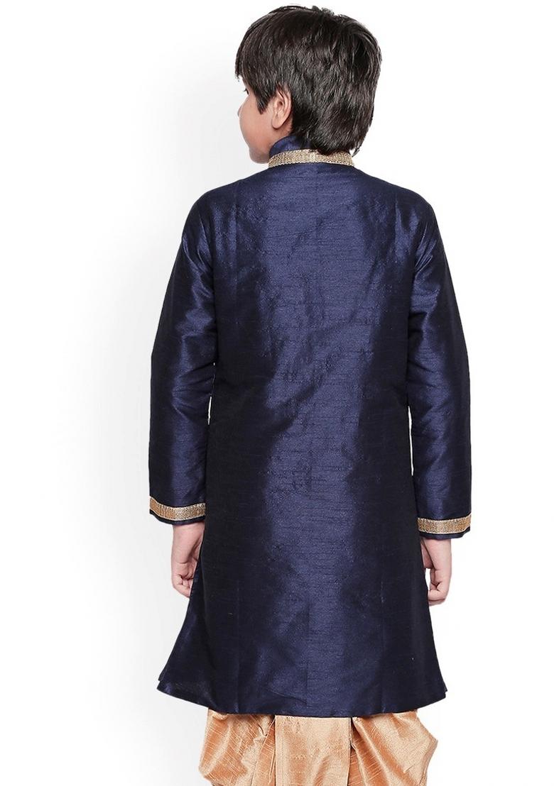Navy Blue Embroidered Banarasi Silk Kurta For Boys