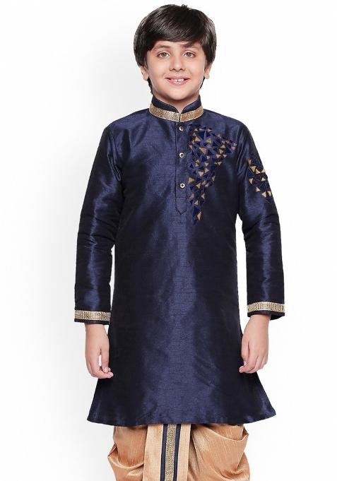 Navy Blue Embroidered Banarasi Silk Kurta For Boys