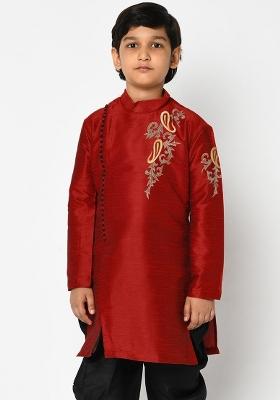 Maroon Embroidered Banarasi Silk Angrakha For Boys
