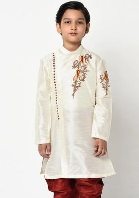 White Embroidered Banarasi Silk Angrakha For Boys