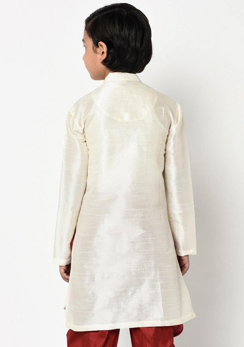 White Embroidered Banarasi Silk Angrakha For Boys