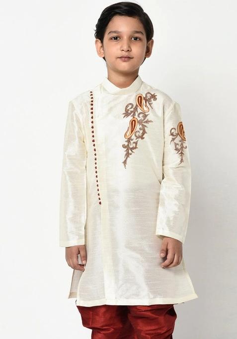 White Embroidered Banarasi Silk Angrakha For Boys