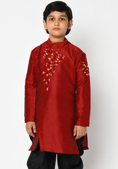 Maroon Embroidered Banarasi Silk Angrakha For Boys