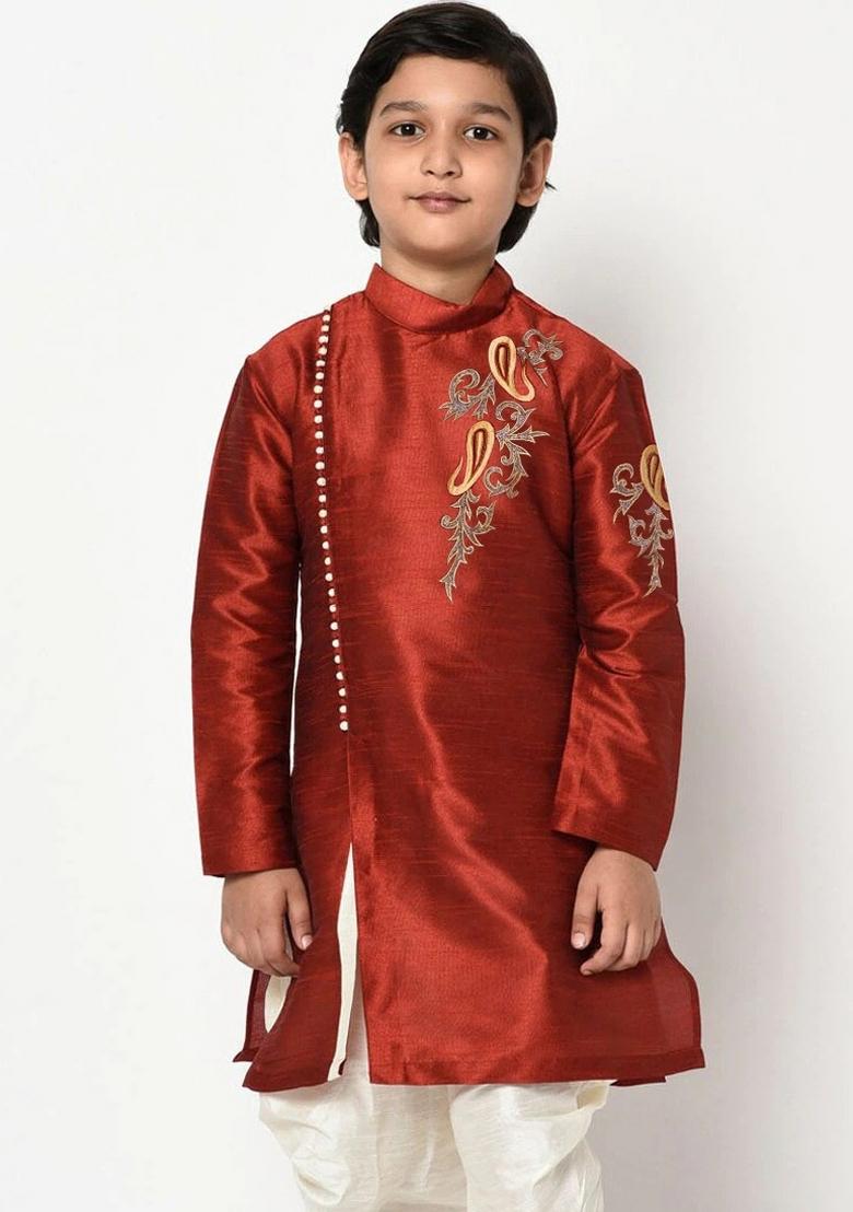 Maroon Embroidered Banarasi Silk Angrakha For Boys