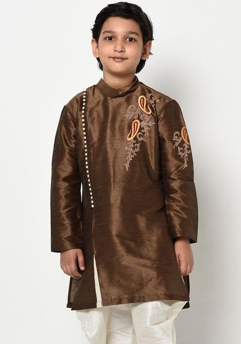 Brown Embroidered Banarasi Silk Angrakha For Boys