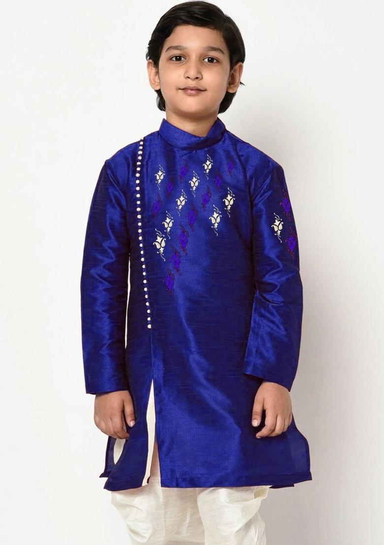 Royal Blue Embroidered Banarasi Silk Angrakha For Boys