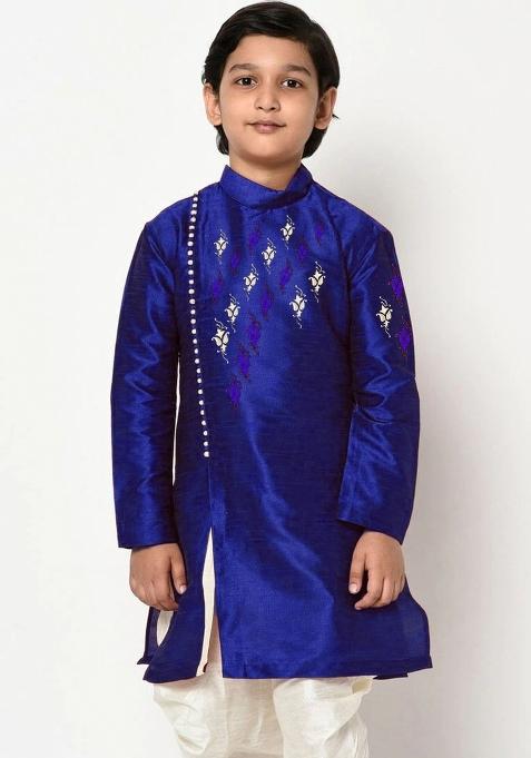 Royal Blue Embroidered Banarasi Silk Angrakha For Boys