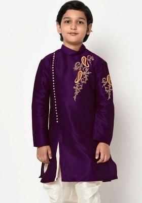 Voilet Embroidered Banarasi Silk Angrakha For Boys