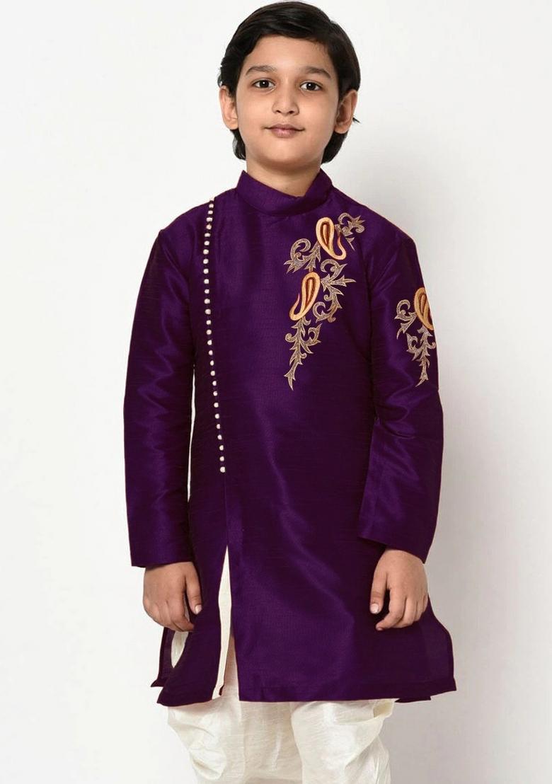 Voilet Embroidered Banarasi Silk Angrakha For Boys