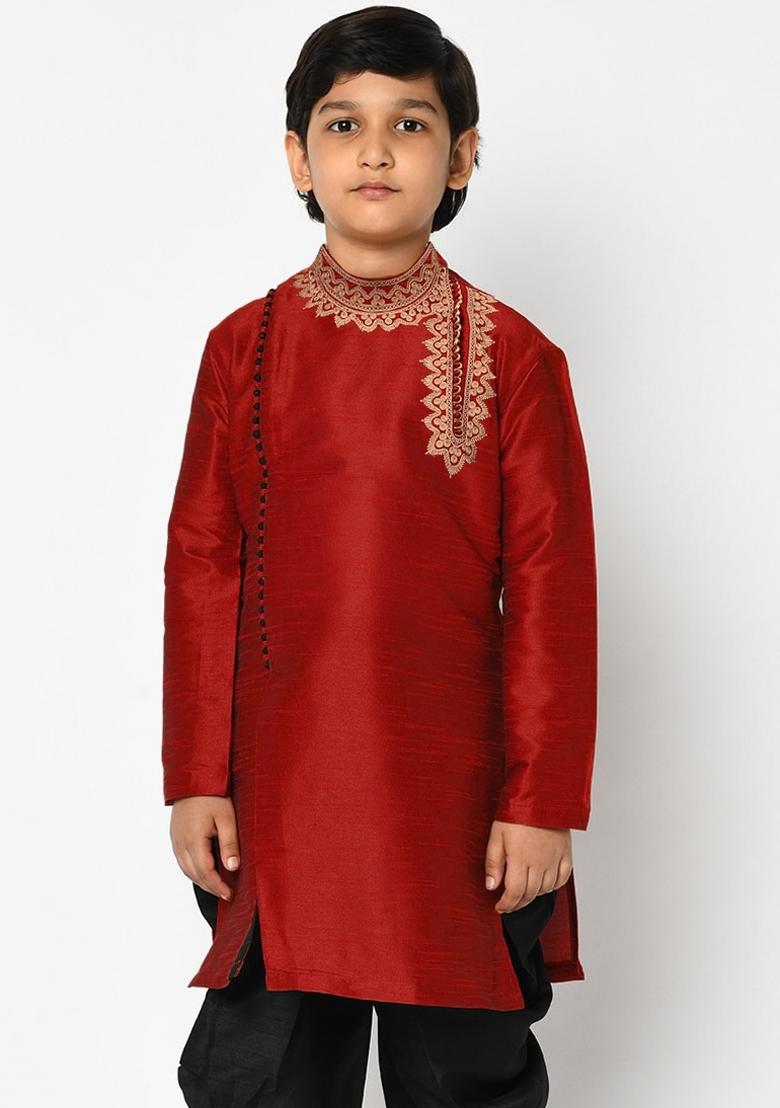 Maroon Embroidered Banarasi Silk Angrakha For Boys
