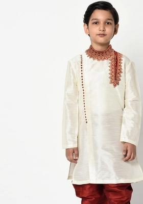 White Embroidered Banarasi Silk Angrakha For Boys