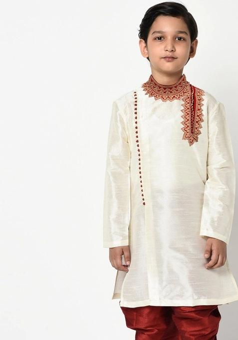 White Embroidered Banarasi Silk Angrakha For Boys