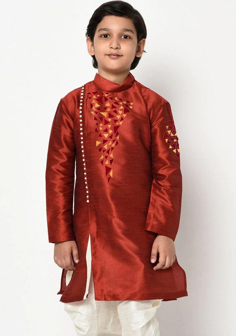 Maroon Embroidered Banarasi Silk Angrakha For Boys